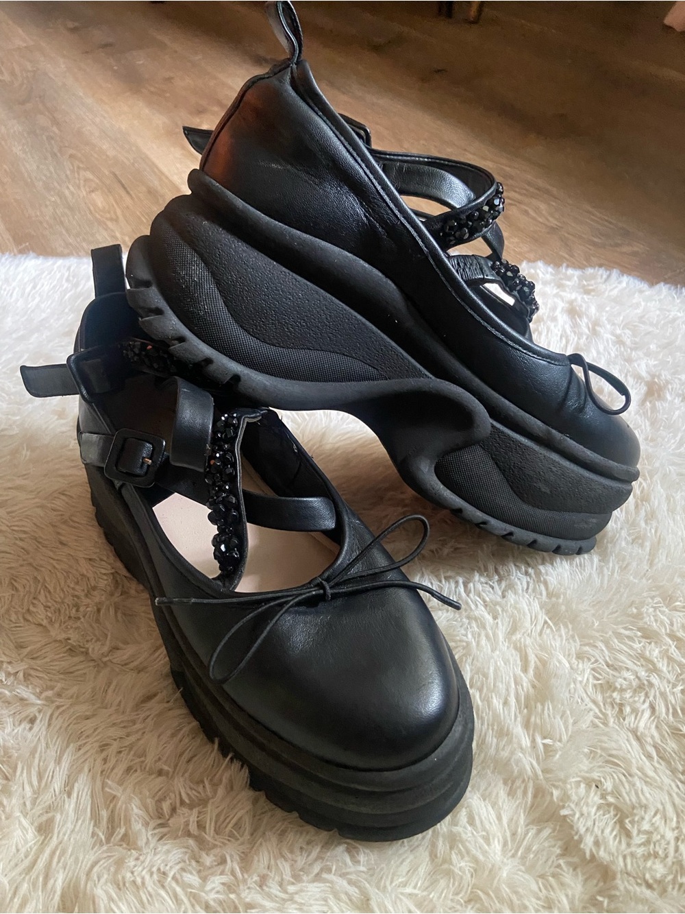 Simone Rocha Black Platform Mary Jane Shoes with Beaded Strap
